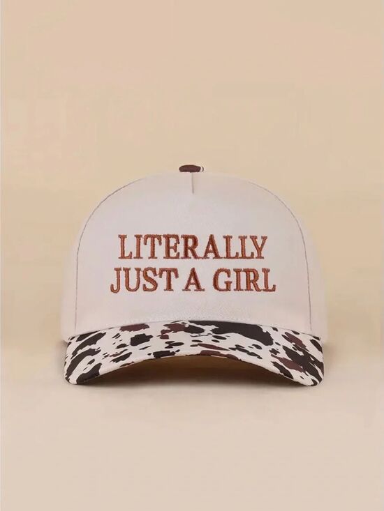 Other - “Literally Just A Girl” Cream Baseball Cap with Cow Print Brim